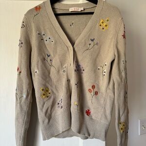 Floral Embroidered Beige Cardigan Sweater